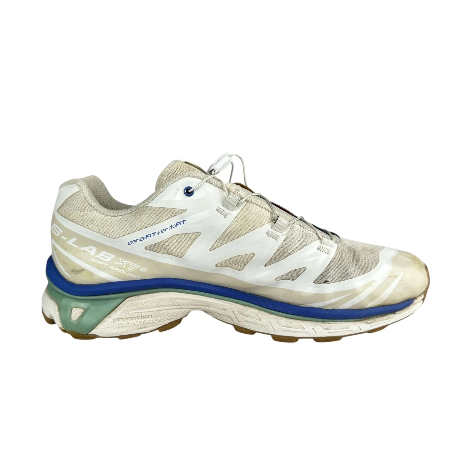 Salomon XT-6 trainers in vanilla ice granite green, pre-loved, size 7.5 UK, sustainable second hand sneakers.