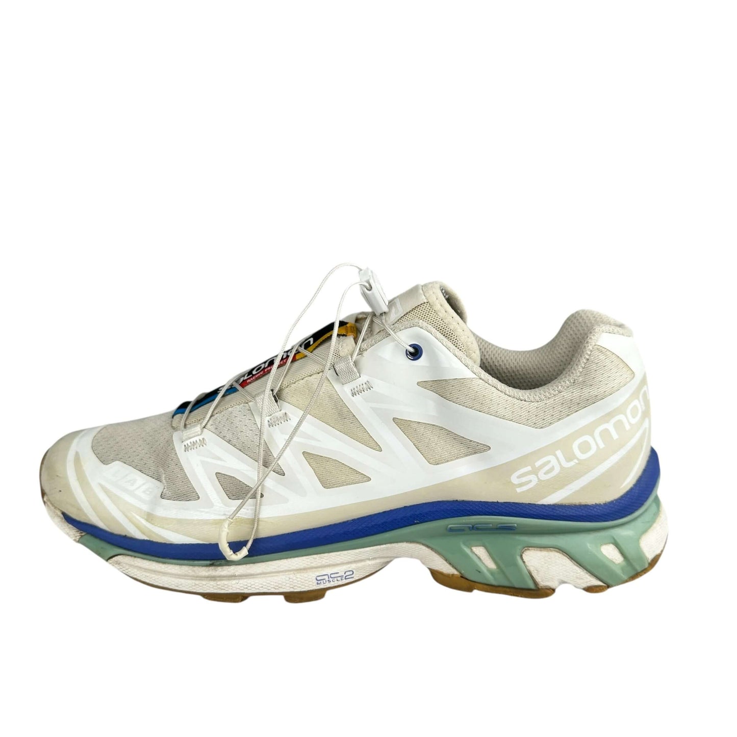 Salomon XT-6 trainers in vanilla ice granite green, preloved, size 7.5, sustainable second hand sneakers.