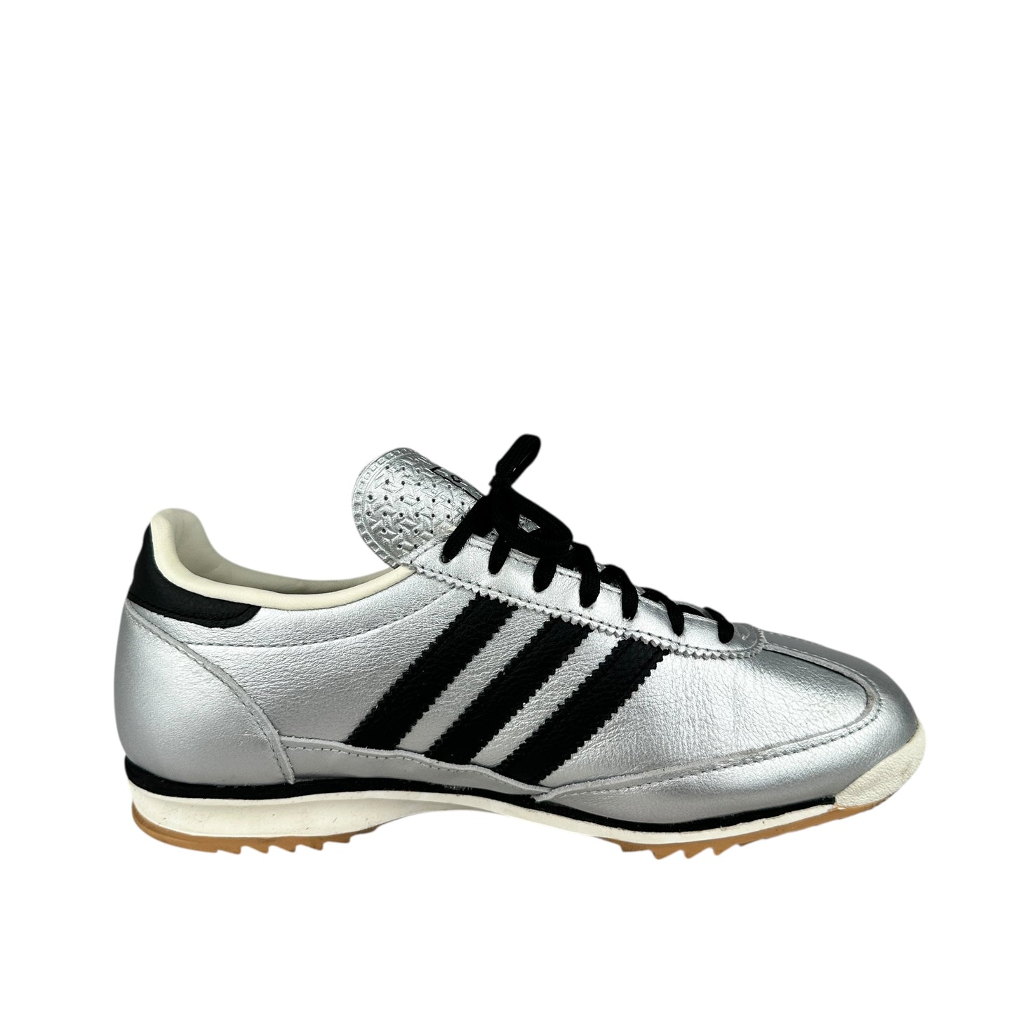 Adidas SL 72 OG trainers in metallic silver and black, preloved sustainable sneakers, size 5.5 UK, great condition.