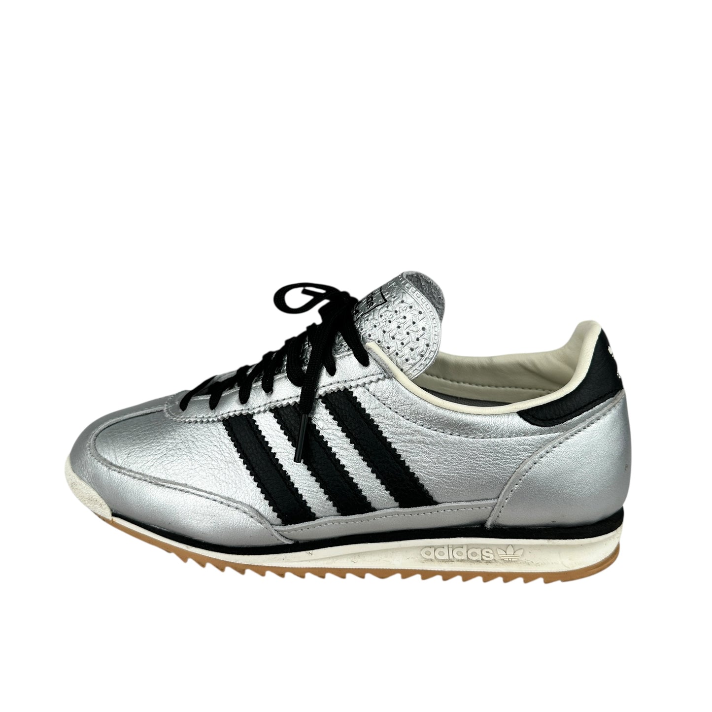 Adidas SL 72 OG metallic silver/black trainers in great condition, second hand and preloved for sustainable footwear.