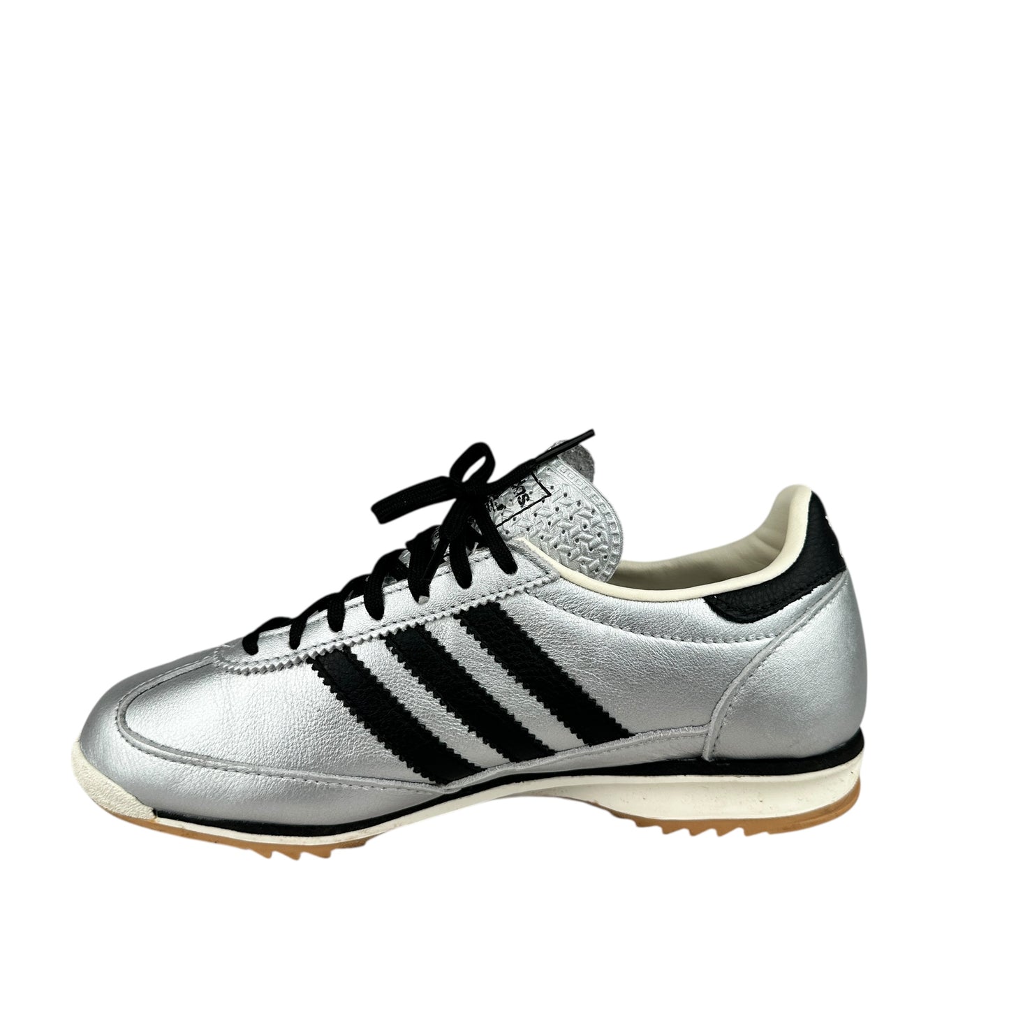 Adidas SL 72 OG in metallic silver and black, preloved trainers, second hand sustainable sneakers.