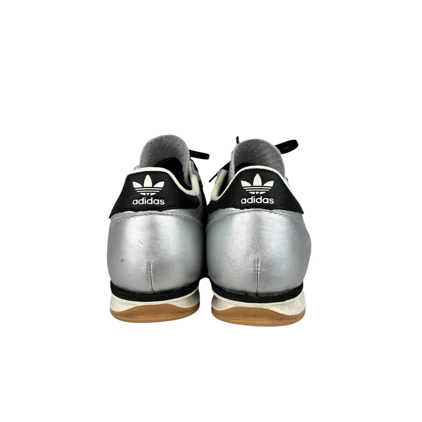 Adidas SL 72 OG trainers in metallic silver and black, preloved and sustainable second hand sneakers for sale.