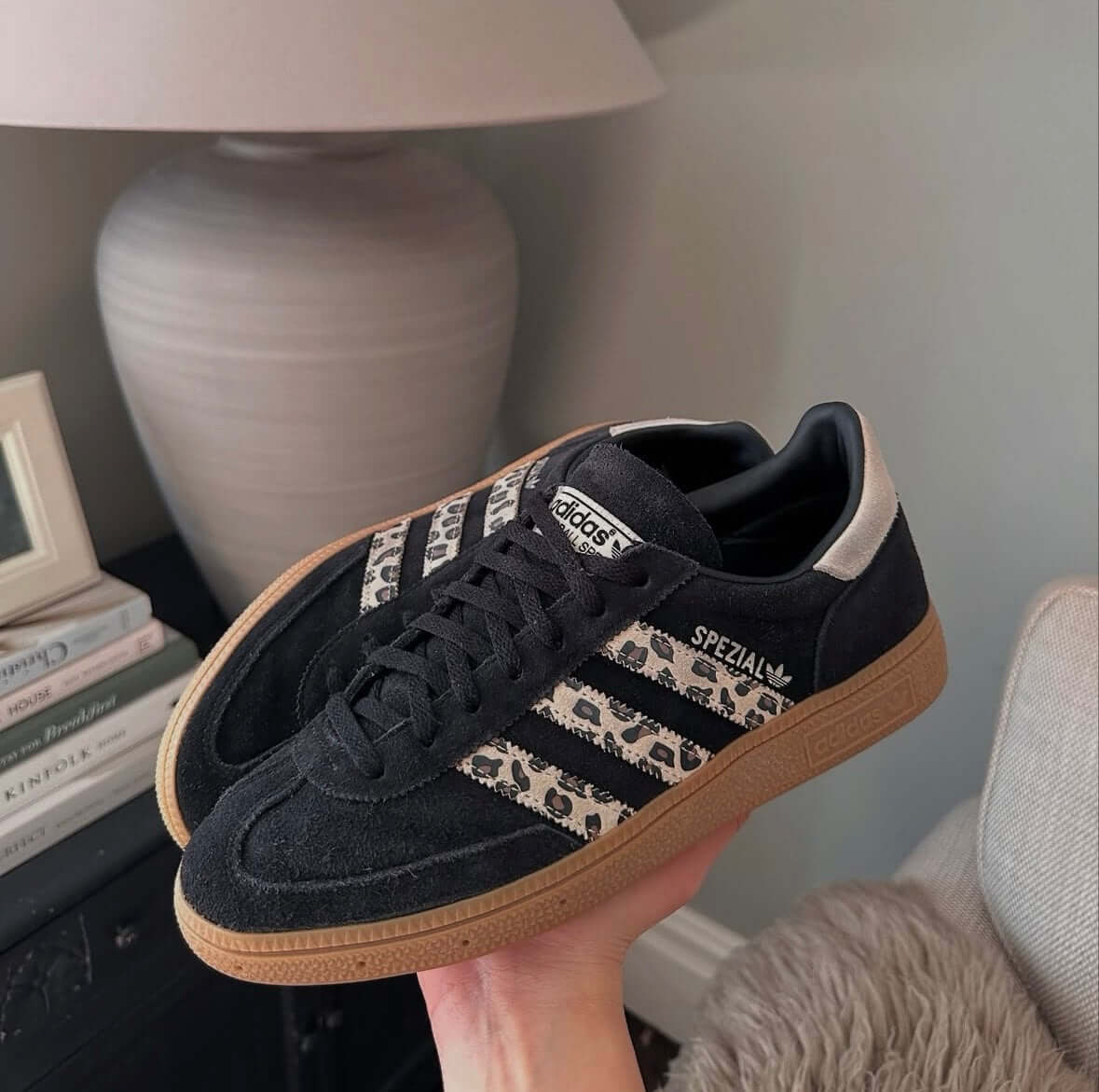 Adidas spezial leopard print stripes black suede trainers 