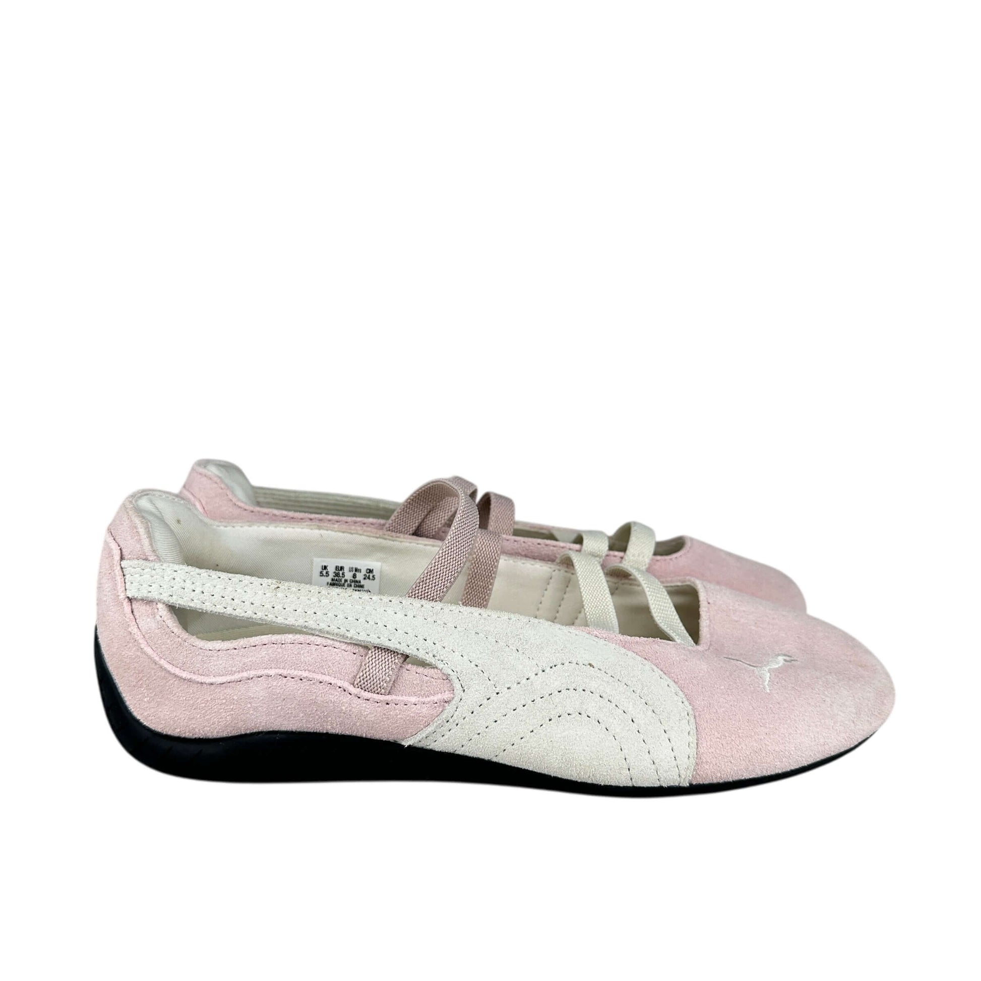 Puma speedcat ballet flats in suede baby pink and white, preloved sustainable trainers, size 5.5 UK.