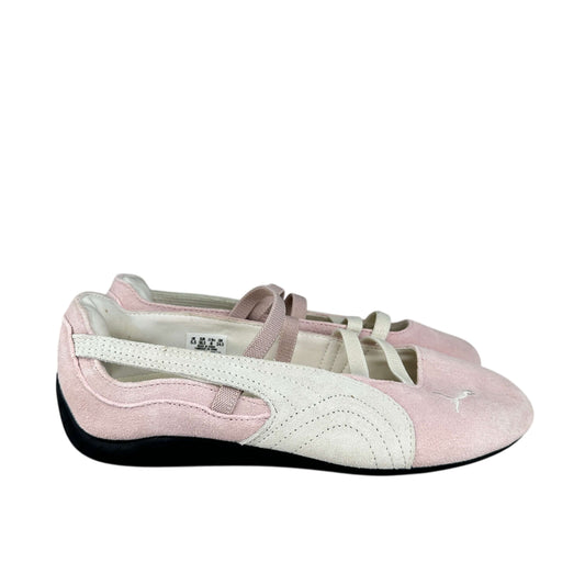 Puma speedcat ballet flats in suede baby pink and white, preloved sustainable trainers, size 5.5 UK.