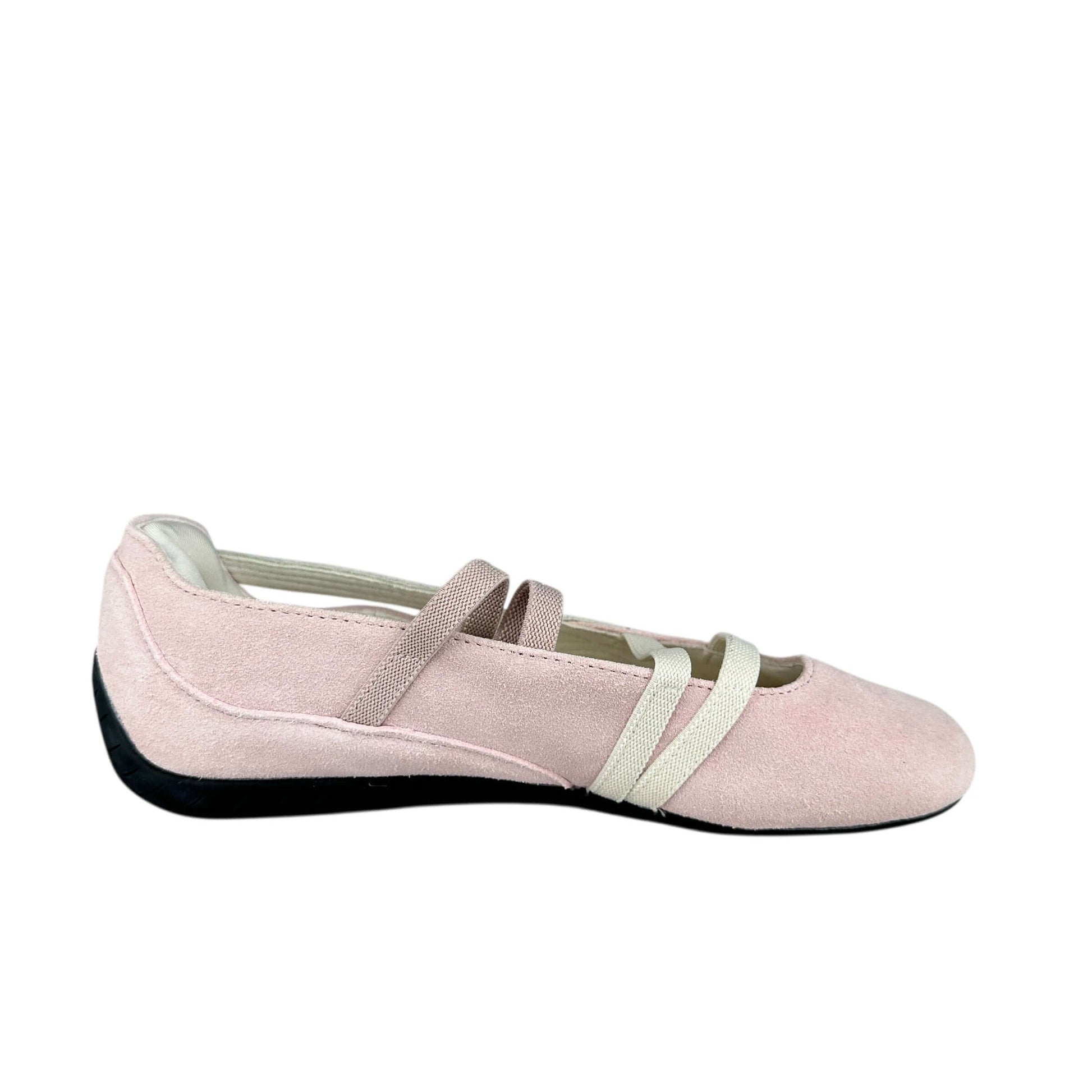 Puma speedcat ballet flats in baby pink suede with white straps, preloved sustainable sneakers.