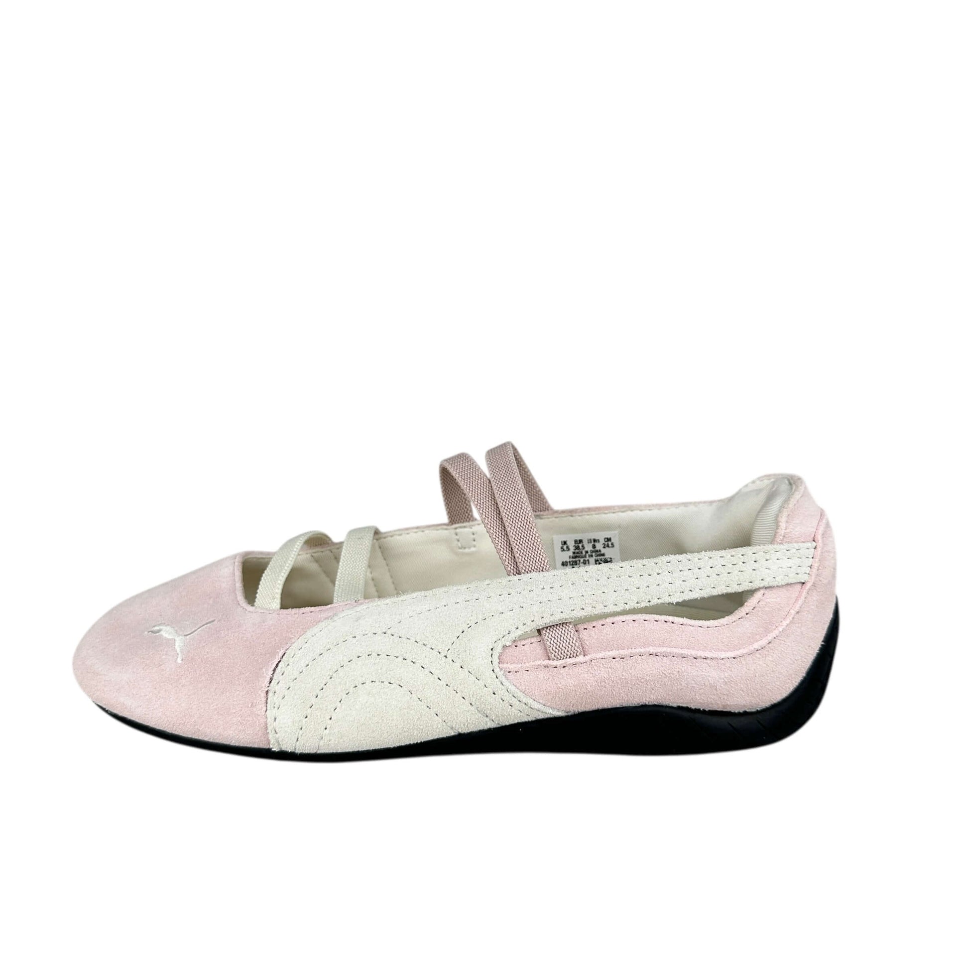 Puma speedcat ballet flats in suede baby pink and white, preloved trainers, size 5.5 UK, sustainable second hand sneakers.
