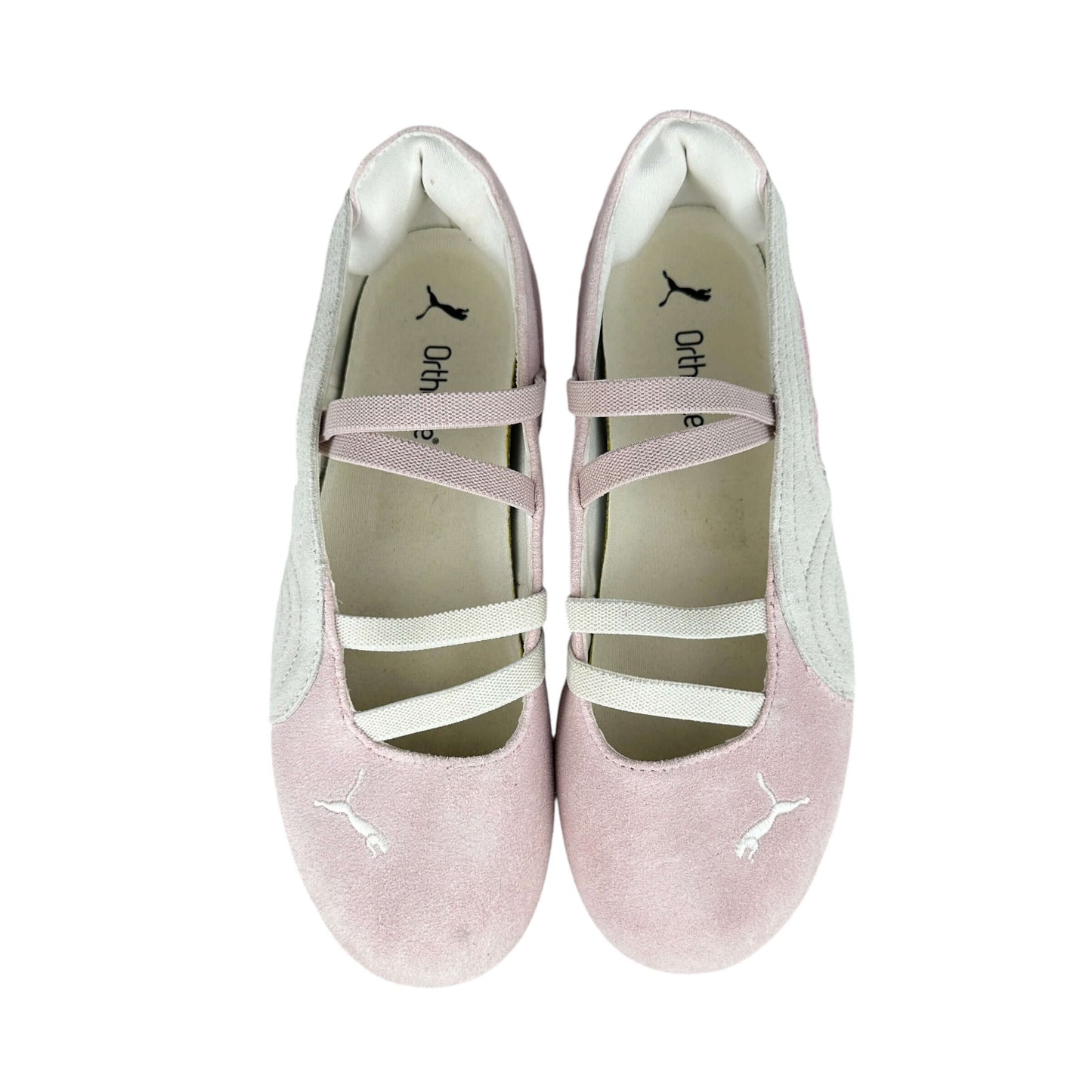 Puma speedcat ballet flats in suede baby pink with white details, sustainable preloved sneakers, size 5.5 UK.