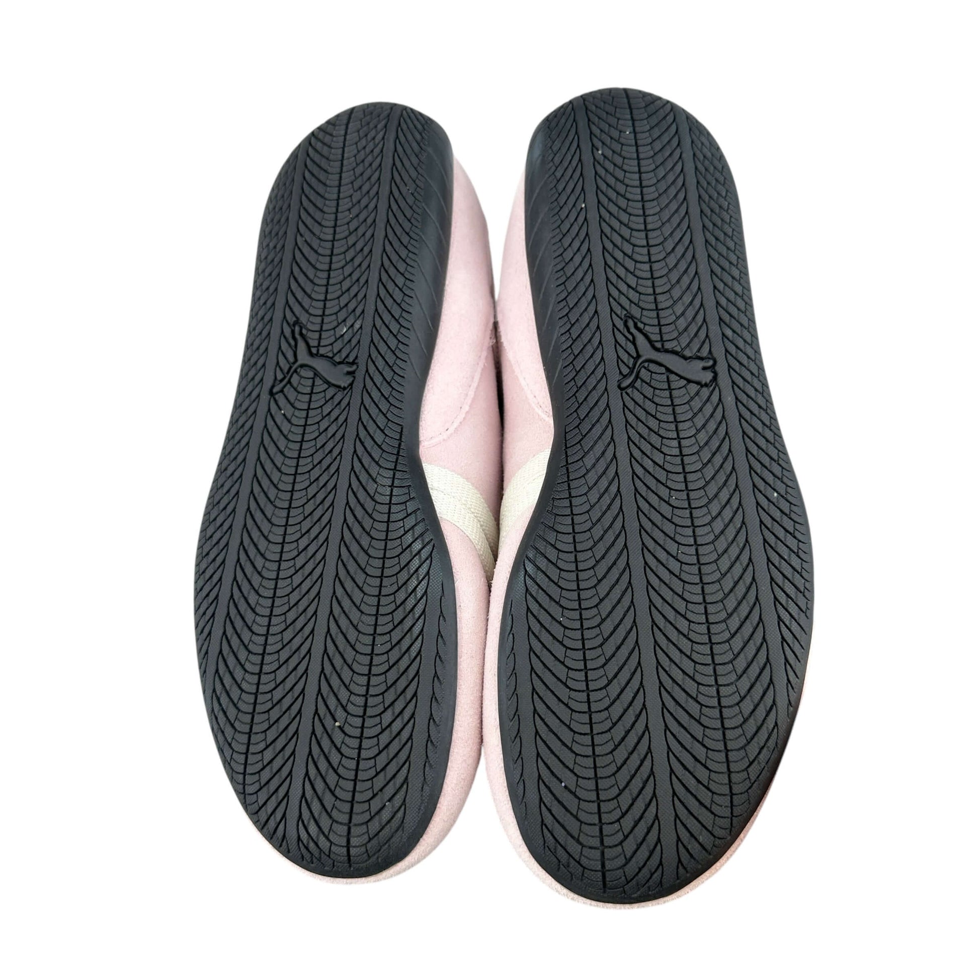 Puma speedcat ballet flats bottom view in suede baby pink and white, preloved, size 5.5 UK trainers.