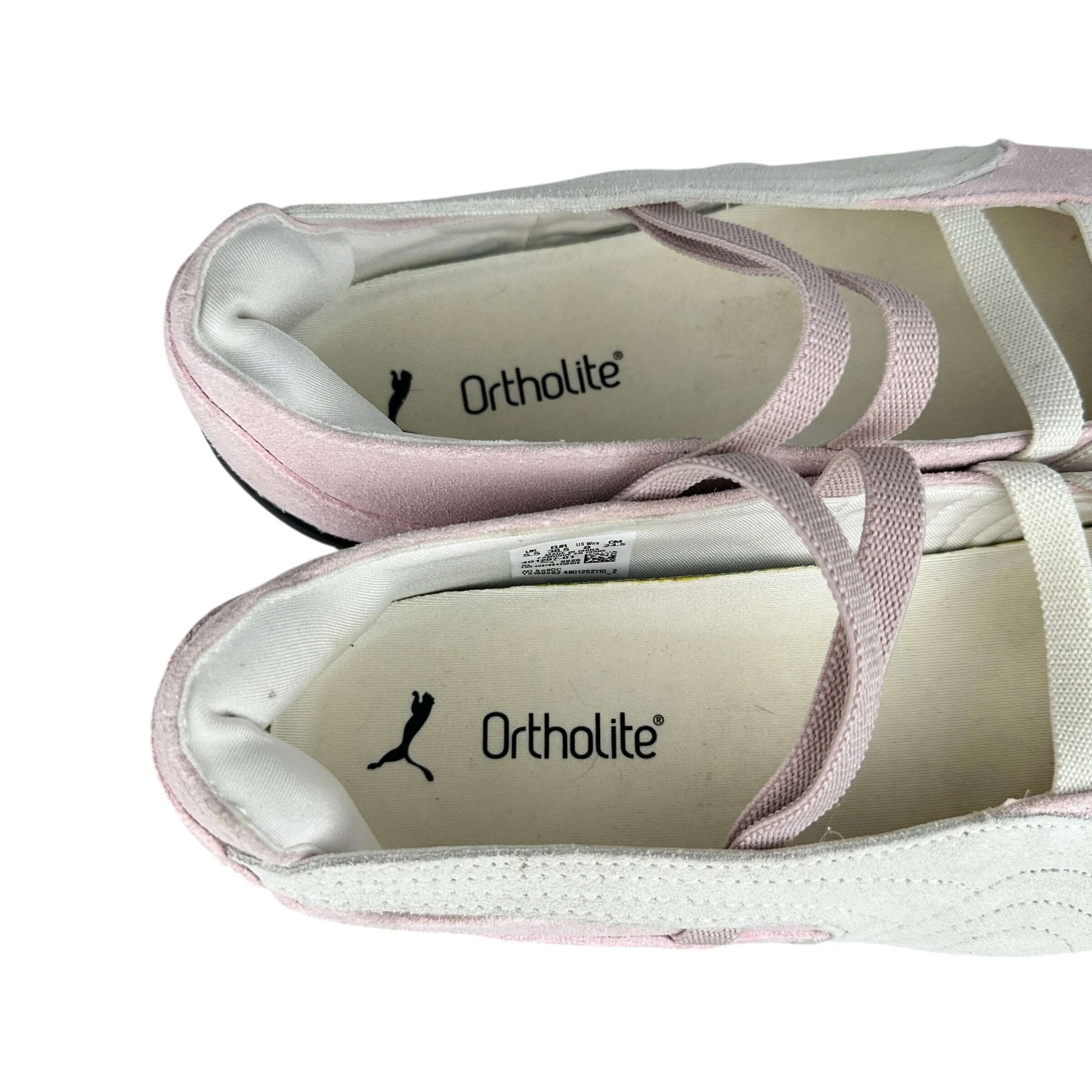 Puma speedcat ballet flats in suede baby pink and white with Ortholite insole, preloved sustainable sneakers.