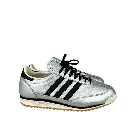 Adidas SL 72 OG trainers in metallic silver and black, preloved sustainable sneakers, size 5.5 UK.