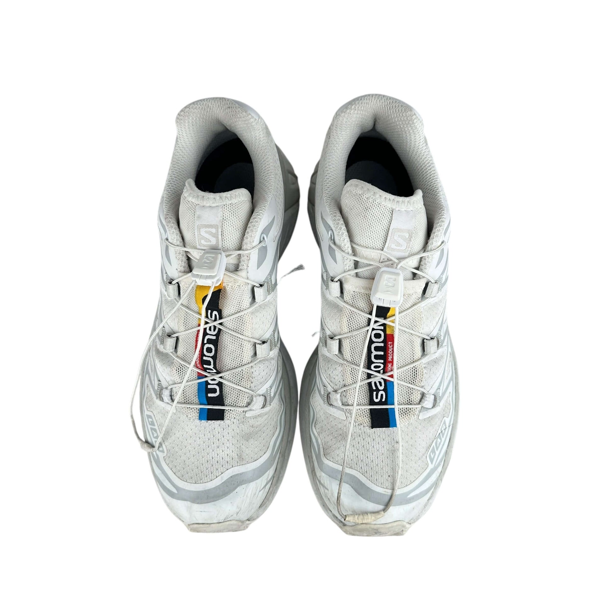 Salomon XT-6 white lunar rock trainers, size 4.5 UK, preloved sneakers in good condition, sustainable choice.