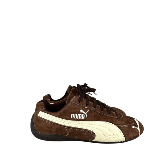 Puma speedcat trainers in brown and off white, preloved sneakers, size 6 UK, sustainable second hand footwear.